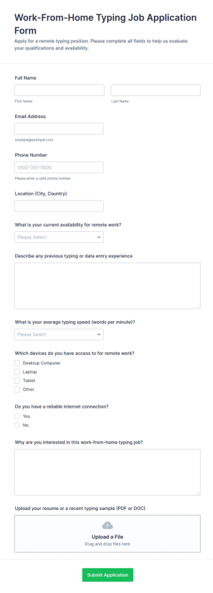 Work From Home Typing Job Application Form Template