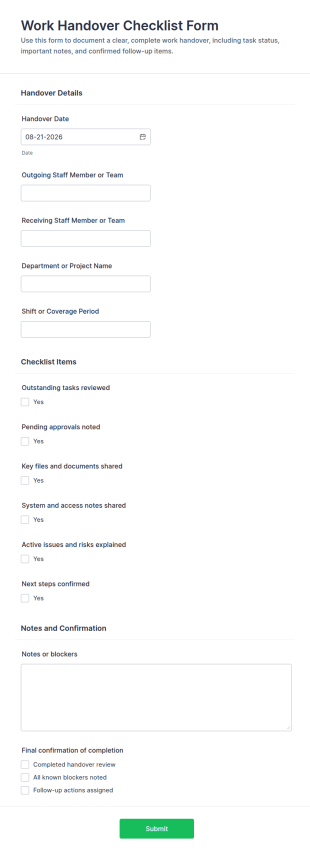 Work Handover Checklist Form Template