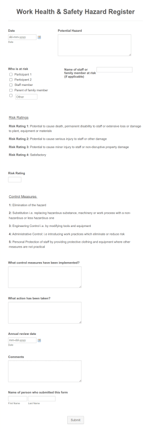 Work Health & Safety Hazard Register Example Form Template