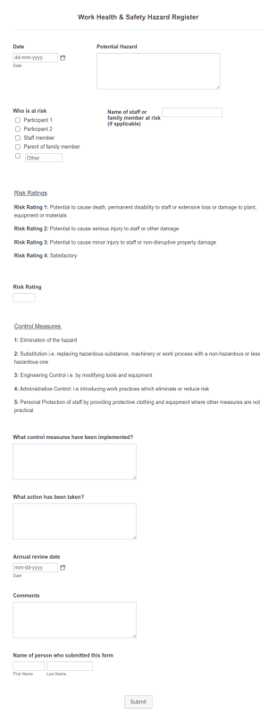 Work Health & Safety Hazard Register Example Form Template