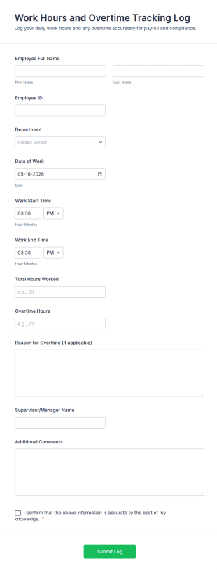 Work Hours And Overtime Tracking Log Form Template