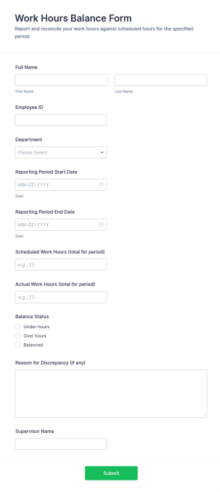 Work Hours Balance Form Template