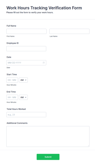 Work Hours Tracking Verification Form Template