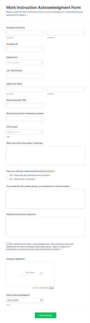 Work Instruction Acknowledgment Form Template