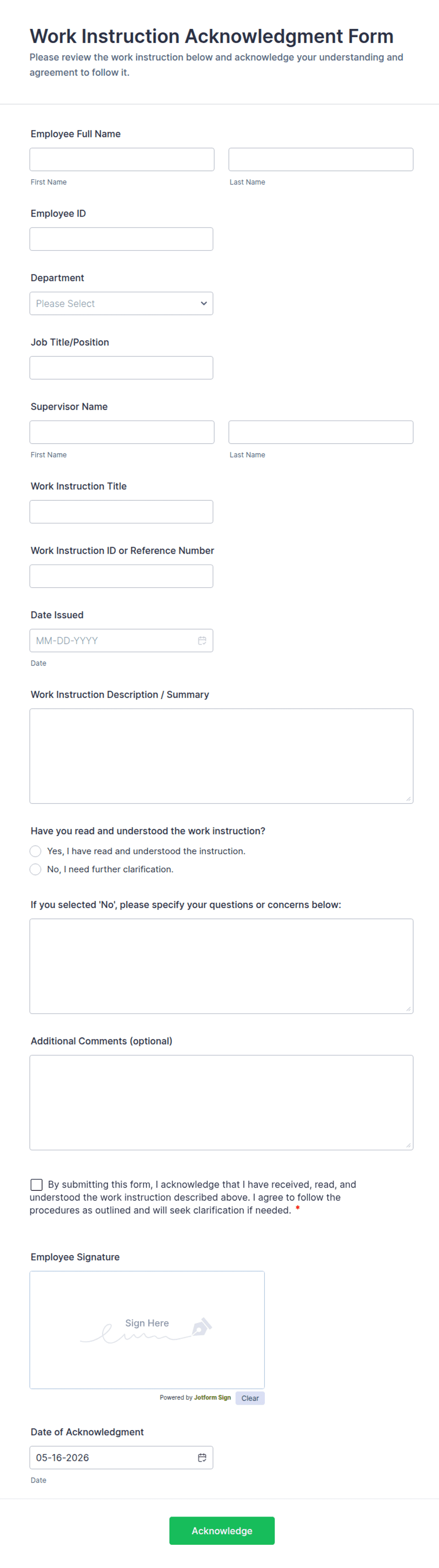 Work Instruction Acknowledgment Form Template | Jotform