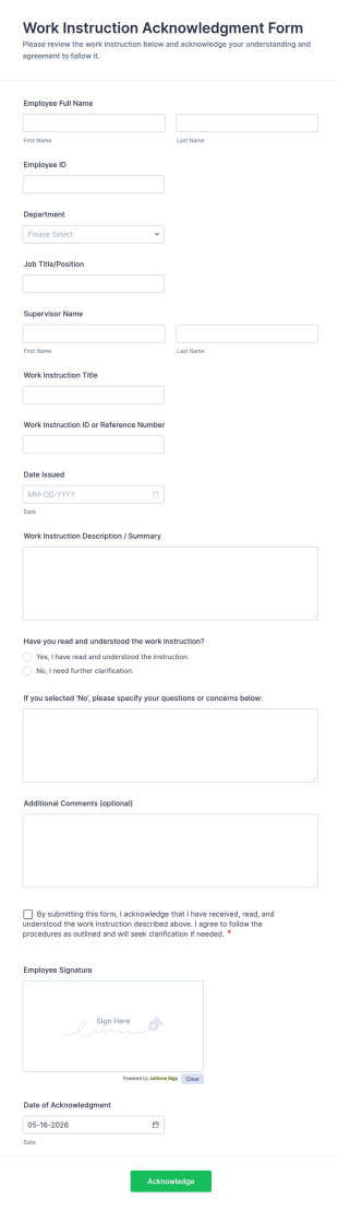 Work Instruction Acknowledgment Form Template