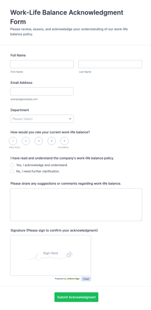 Work Life Balance Acknowledgment Form Template