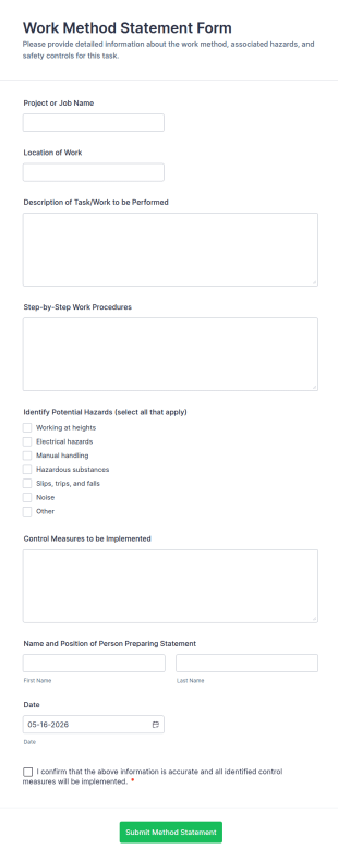 Work Method Statement Form Template