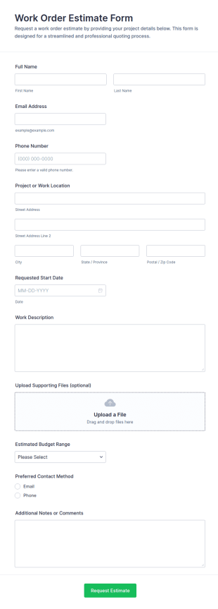 Work Order Estimate Form Template
