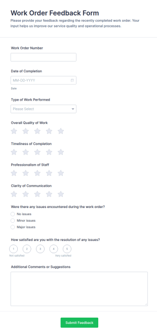 Work Order Feedback Form Template