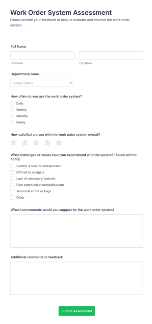 Work Order System Assessment Form Template