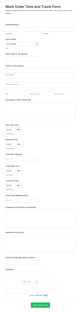 Work Order Time And Travel Form Template