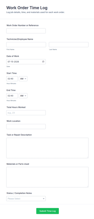 Work Order Time Log Form Template