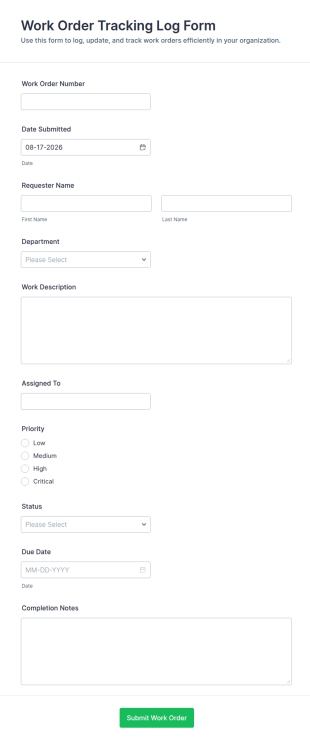 Work Order Tracking Log Form Template