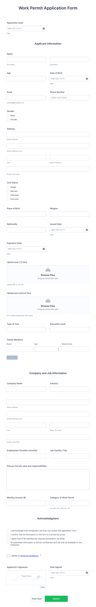 Work Permit Application Form Template