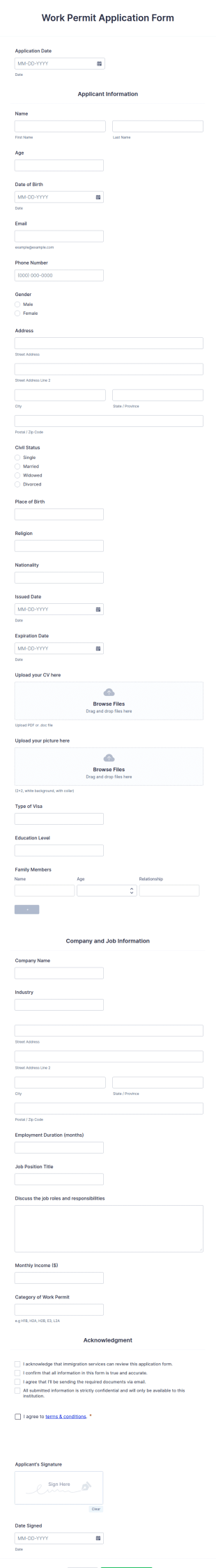 Work Permit Application Form Template