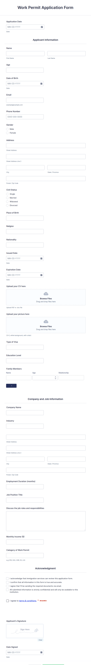 Work Permit Application Form Template