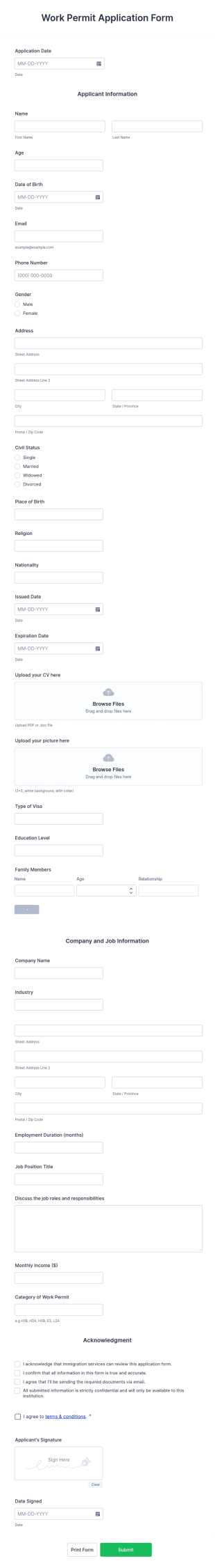 Work Permit Application Form Template