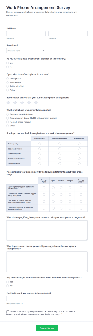 Work Phone Arrangement Survey Form Template