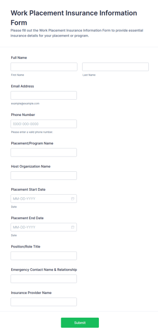 Work Placement Insurance Information Form Template