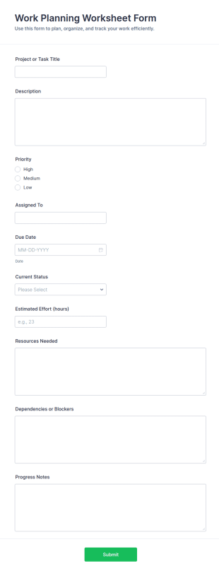 Work Planning Worksheet Form Template
