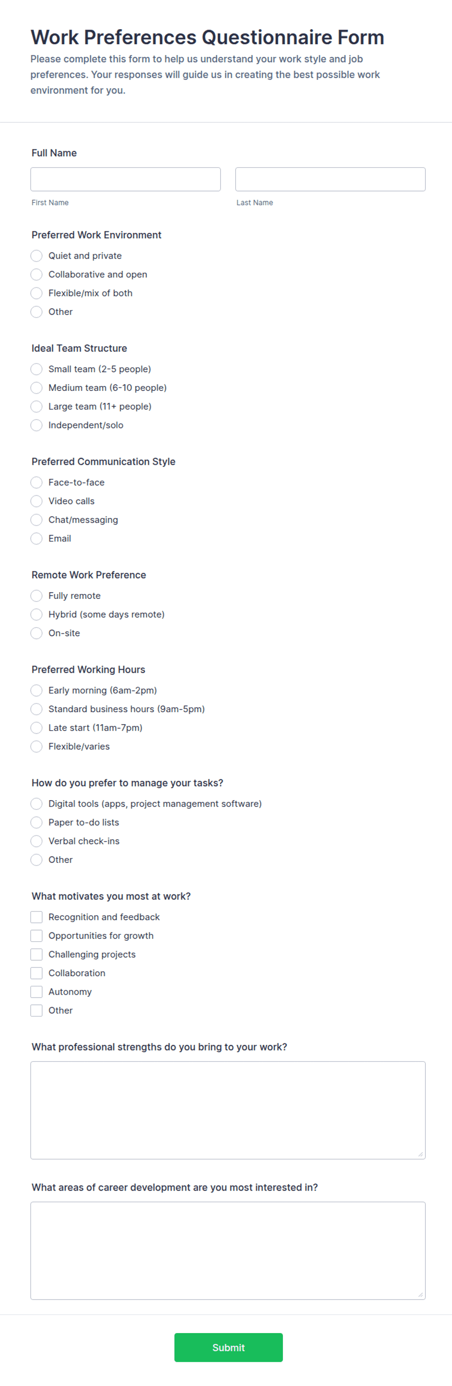 Work Preference Form Work Preferences Questionnaire Form Template | Jotform