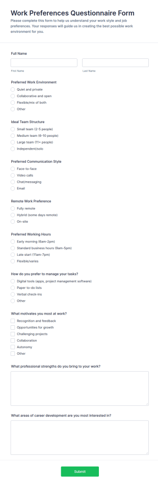 Work Preferences Questionnaire Form Template
