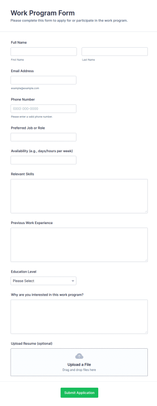 Work Program Form Template