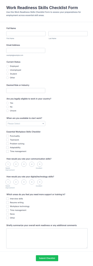 Work Readiness Skills Checklist Form Template