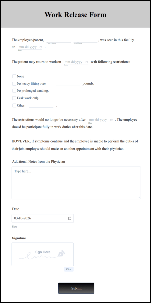 Work Release Form Template