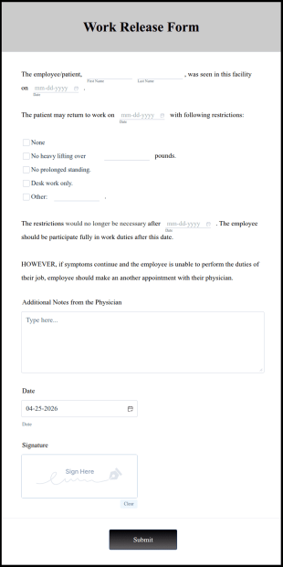 Work Release Form Template