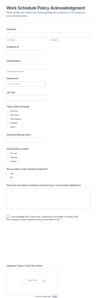 Work Schedule Policy Acknowledgment Form Template