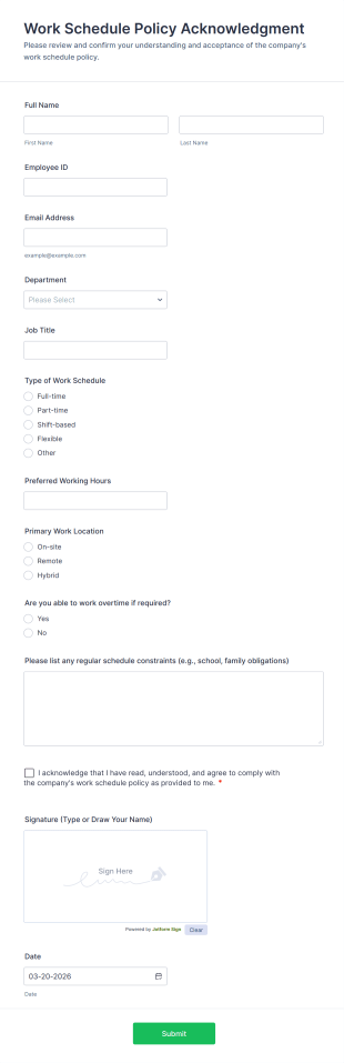Work Schedule Policy Acknowledgment Form Template