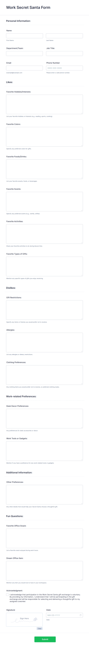 Work Secret Santa Form Template