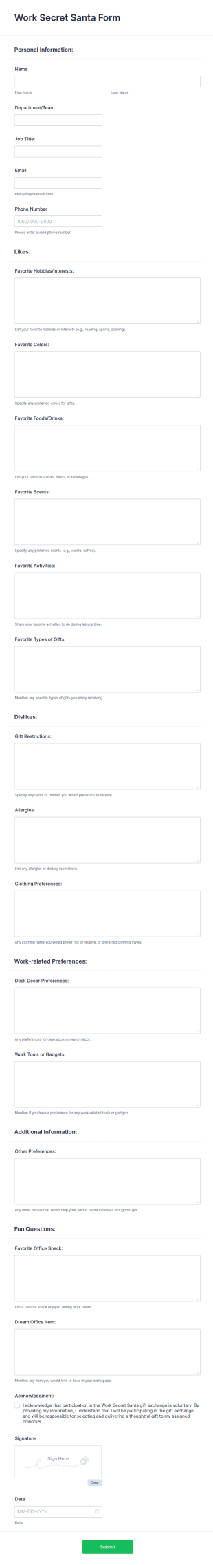 Work Secret Santa Form Template