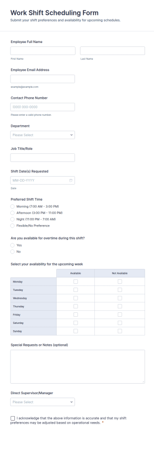 Work Shift Scheduling Form Template