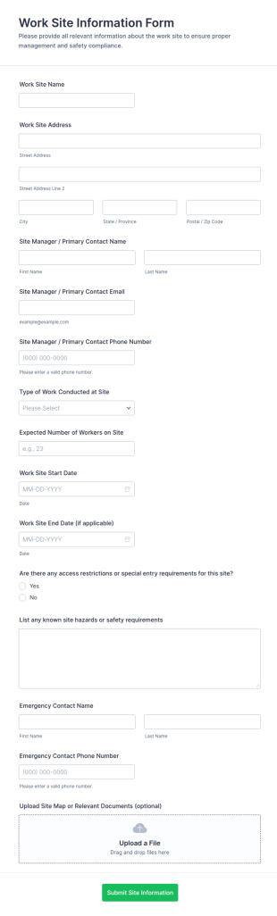 Work Site Information Form Template