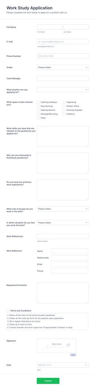 Work Study Application Form Template