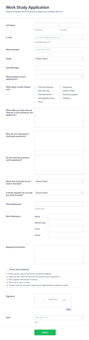 Work Study Application Form Template