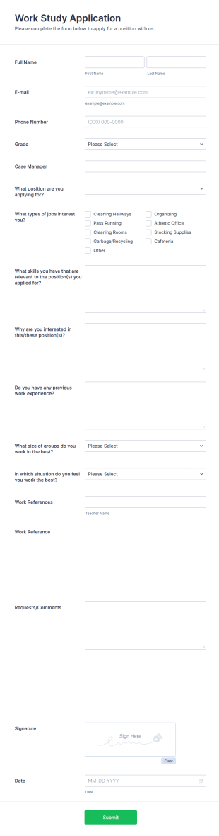 Work Study Application Form Template