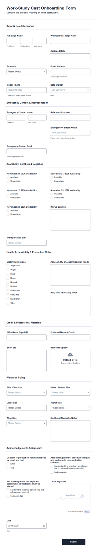Work Study Cast Onboarding Form Template