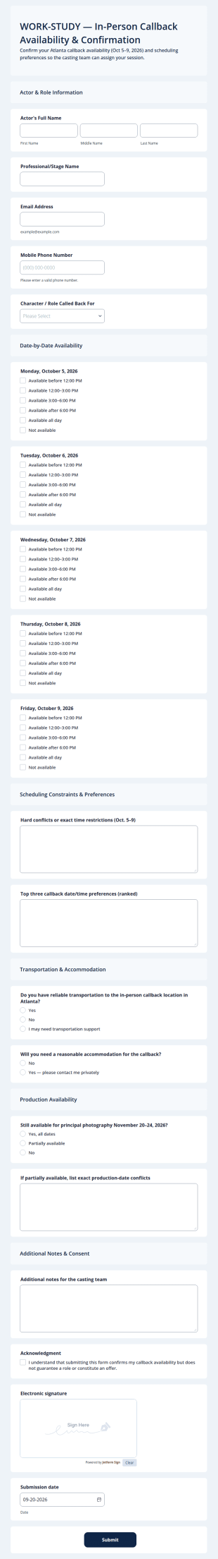 In Person Casting Callback Availability Form Template