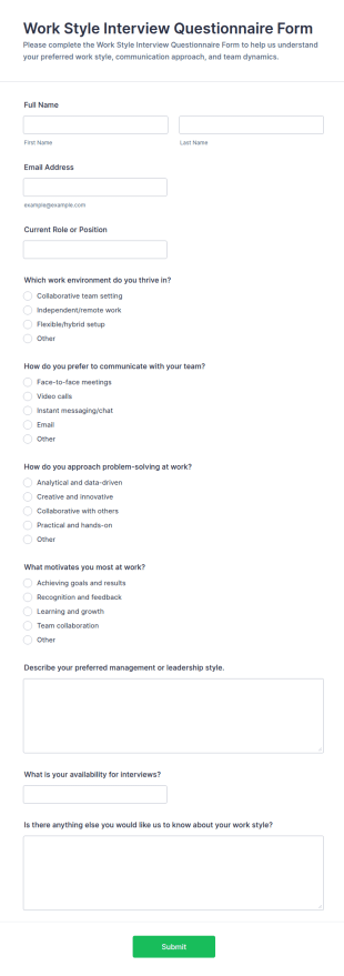Work Style Interview Questionnaire Form Template