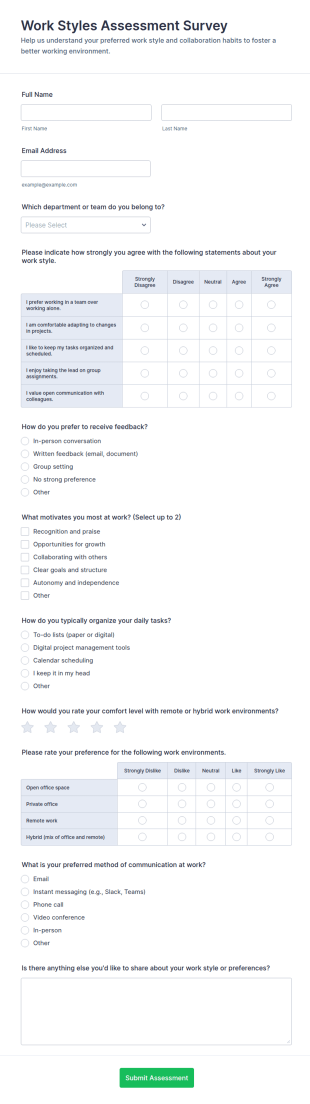 Work Styles Assessment Survey Form Template