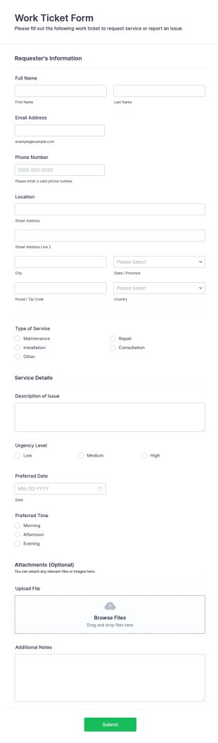 Work Ticket Form Template