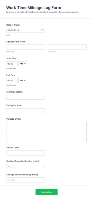 Work Time Mileage Log Form Template