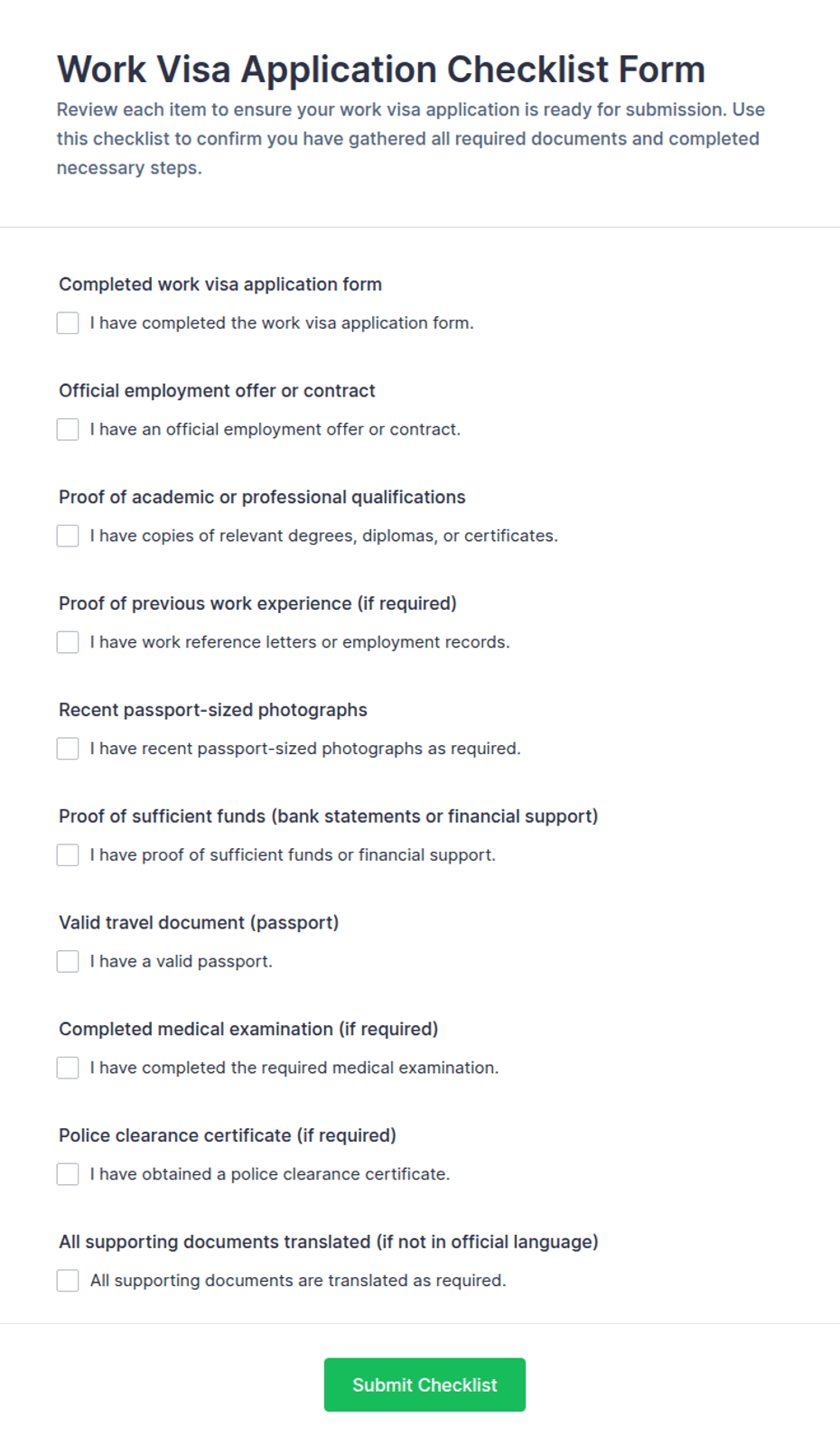 Work Visa Application Checklist Form Template | Jotform