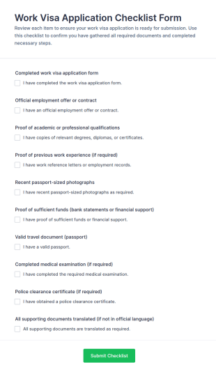 Work Visa Application Checklist Form Template