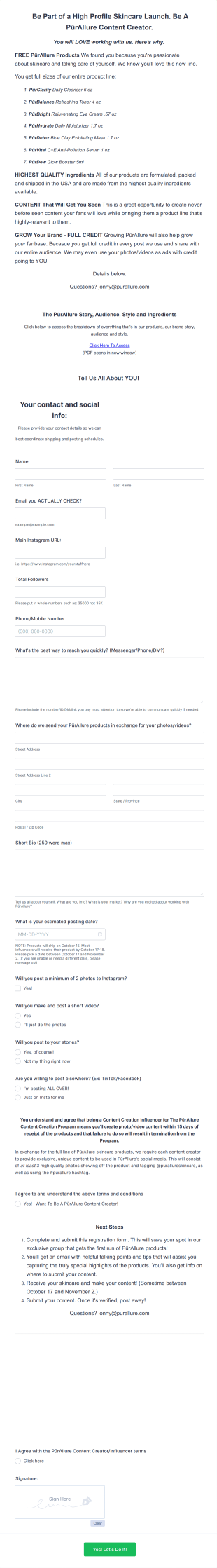 Skincare Launch Content Creators Job Application Form Template