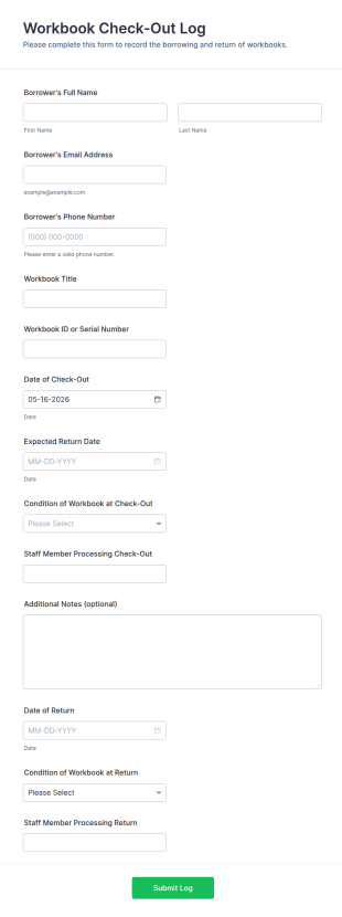 Workbook Check Out Log Form Template